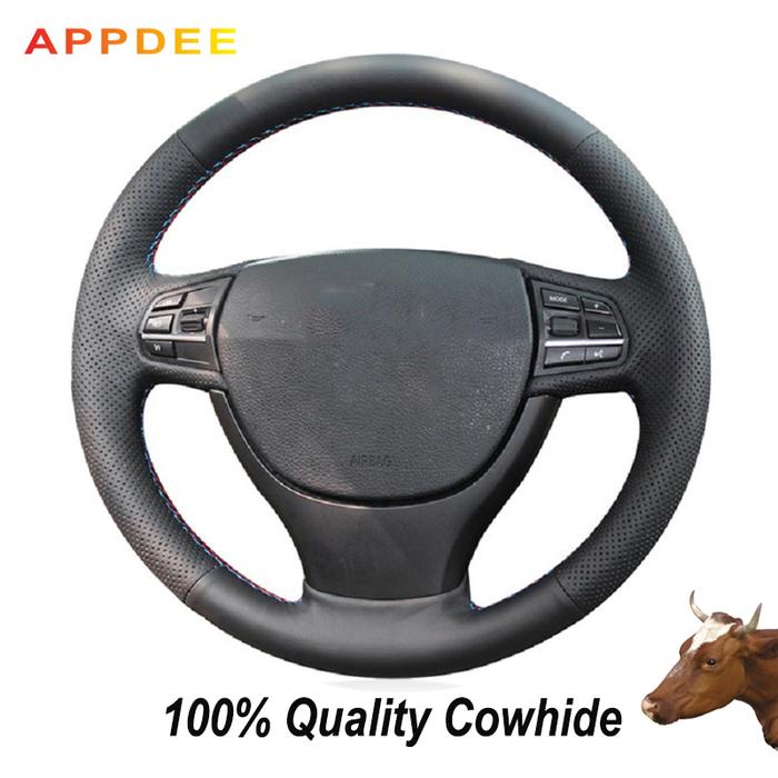 Hand-stitched Black Genuine Leather Steering Wheel Cover for BMW F10