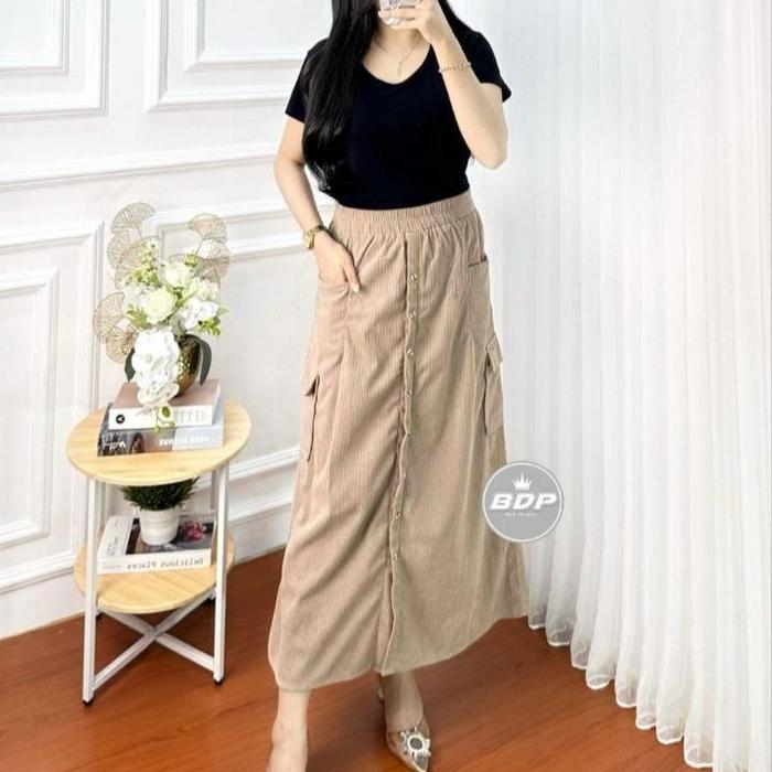 Vonzy Rok Highwaist Basic Style Korean, jepang Grils Corduroy Premium - Rok Panjang Vonzy Karet Wani