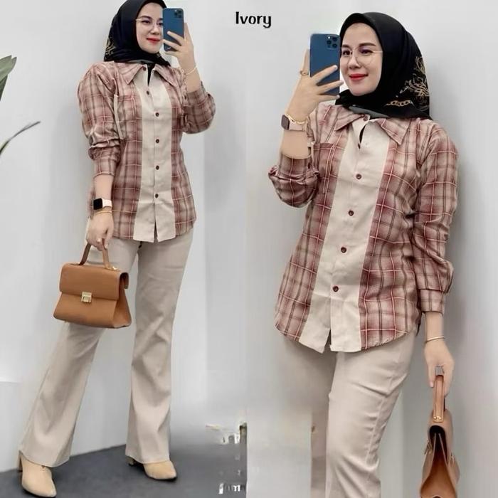 Alda Set setelan wanita atasan kemeja Katun import + celana chinos premium