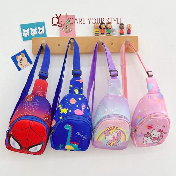 Tas Selempang Anak Sling Bag Bahan Kanvas Nilon Motif Karakter Warna Pastel Cute Fashion Kids T292