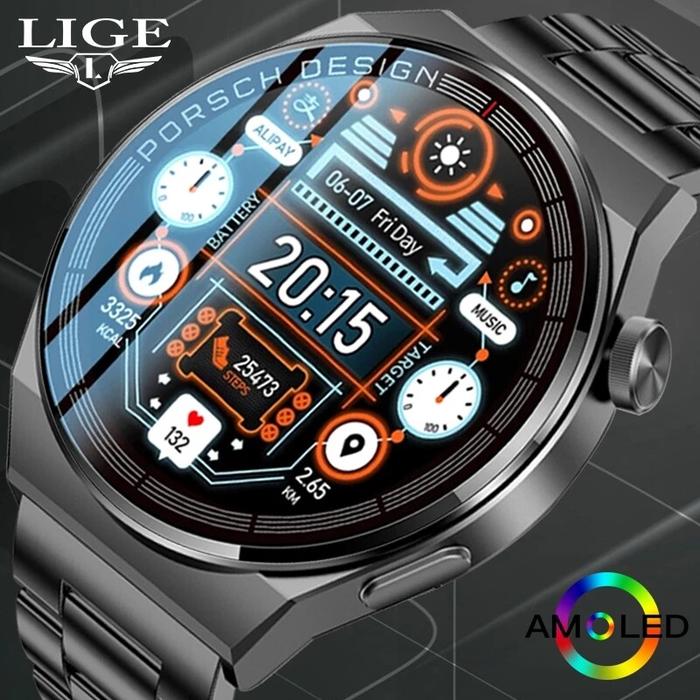 LIGE Jam Tangan Pintar AMOLED Pria, Gelang Pintar Baja Tahan Karat