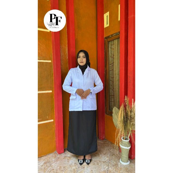 Setelan Baju PDH Hitam Putih Wanita PNS dengan Model Semi Jas