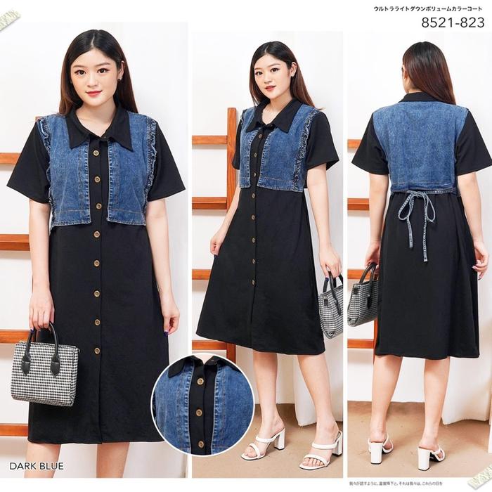 midi dress jeans kombinasi kaos hitam full kancing mode korea