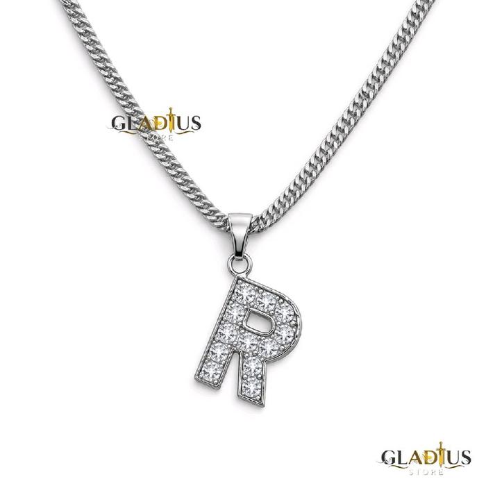 Kalung Titanium Model Rantai Rapat Silver Dengan Liontin Huruf R Silver Pria Wanita Anti Karat