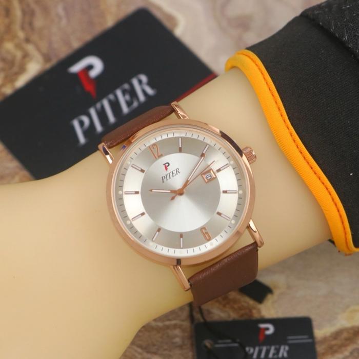 BISA COD - Jam Tangan Pria Kasual PITER Original Tali Kulit Tanggal Aktif FREE BOX PITER