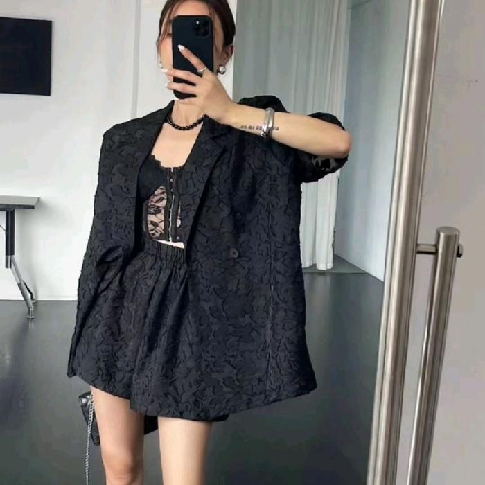 One Set Brokat Korean Style Import Celana Wanita Baju Setelan Blazer Hitam Pendek Casual Atasan