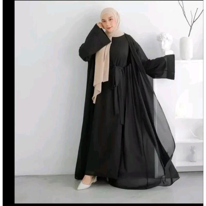 Aisyah Abaya One Set Iner & Outer Hitam Syar'i Gamis Dewasa Remaja Pesta Basic Size M L XL