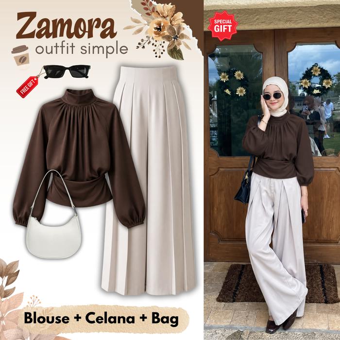Zamora Set Outfit Kekinian (Blouse + Celana + Bag + FREE GIFT) OOTD Wanita Casual Elegan -AS9