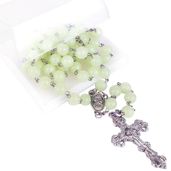 Rosario Maria Kalung Manik Mote Fosfor Bulat 8 mm Harces Salib Logam Glow in The Dark Menyala