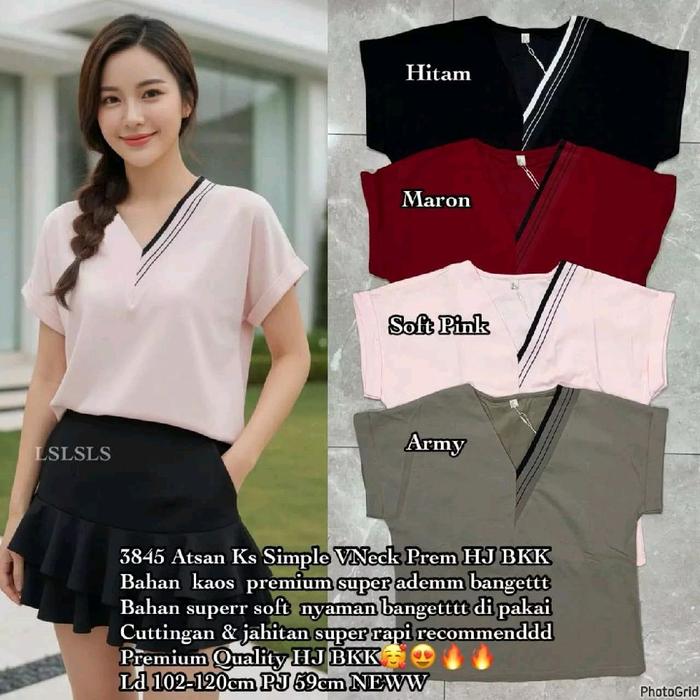 HJ BKK 3845 Atasan KS Simple VNeck Prem HJ BKK Bahan Kaos Pj8u Ld 102-120cm PJ 59cm NEWW