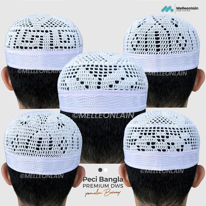 Peci BANGLA PREMIUM Kopiah Saudi Rajut Bangladesh Putih Songkok Arab Kain Bordir Santri