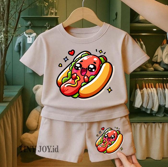 TINY JOY.id-SETELAN BAJU ANAK PEREMPUAN SOSIS  USIA 1-8 TAHUN GAMBAR KATA KATA VIRAL BAHAN KATUN COM