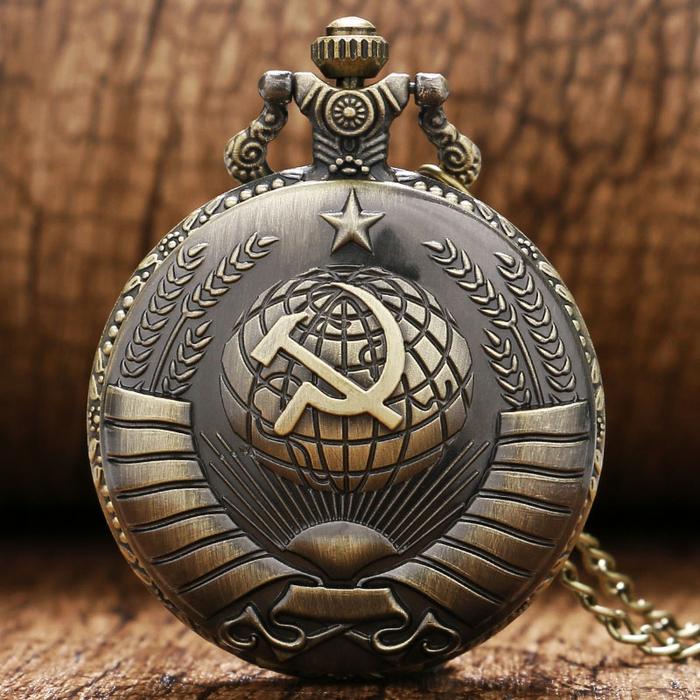 IMPORT Vintage USSR Soviet Sickle Hammer Style Quartz Pocket Watch Necklace Bronze Pendant Clock CCC