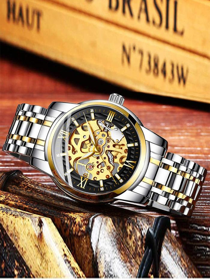 BIDEN Classic Mechanical Watch Luxury Diamond Dial Luminous Hands Gold Skeleton Automatic Men's Watc
