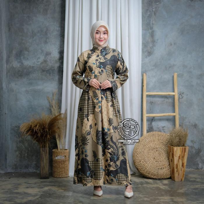 Gamis Batik Modern BSWART HRB026 Busui Friendly Resleting Depan Motif Sekar Jagad, Gamis Kerah Sangh