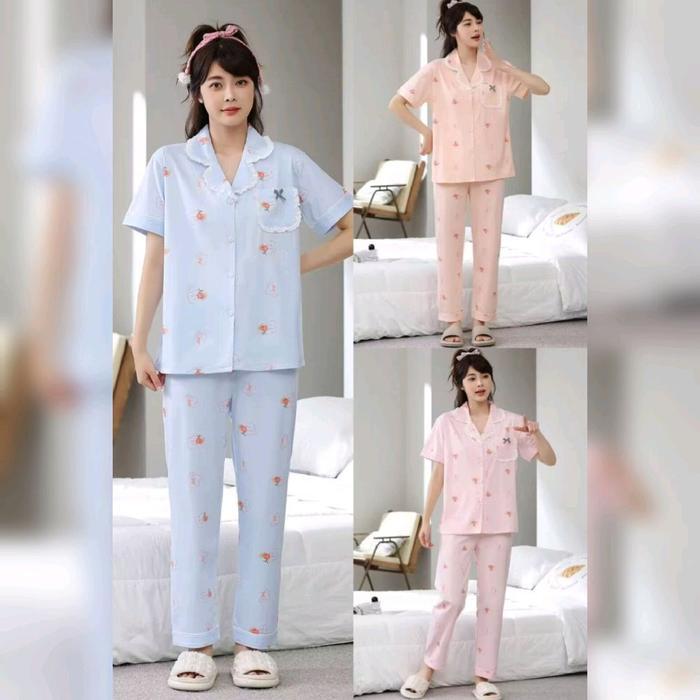 Nc - Set Piyama Motif Cherry List Renda Cp (Celana Panjang) Kode #1343