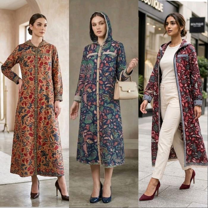 Batik Ethnic Gamis Long Cardi Hoodie Cream Full Kancing Depan Cotton Halus