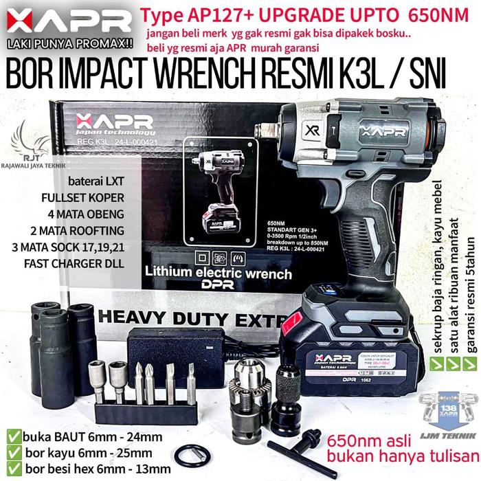 Promo!! Impact Wrench Apr Ap127+ 650Nm1/2 Inch Mesin Pembuka Baut Roda Cvt Motor Mobil