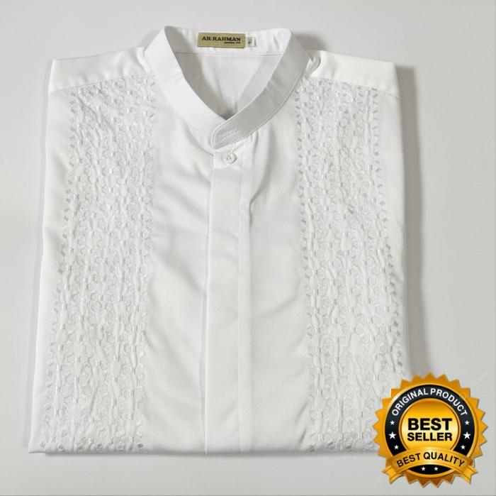Baju Koko Arrahman Ar-ridho IMTAQI Putih Lengan Panjang dan Pendek Motif Bordir elegan / Koko Putih 