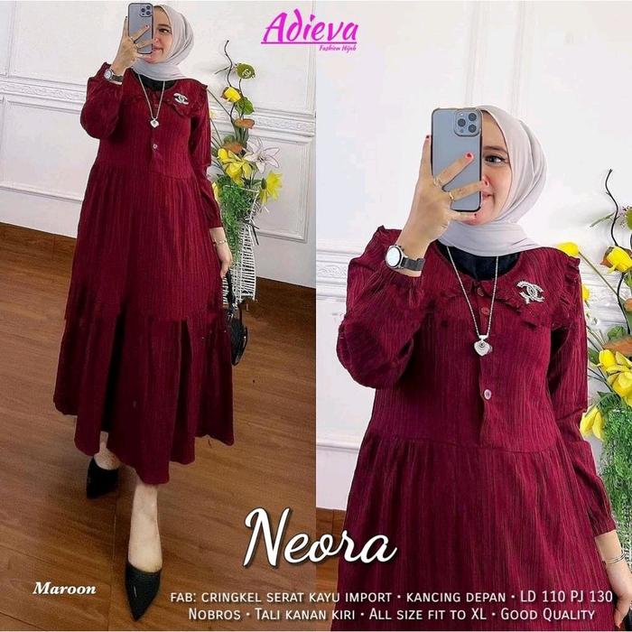 Dress GAMID Neora Panjang dengan Bahan Crinkle Serat Kayu Lady Crush Import - Busui - Lengan Karet M