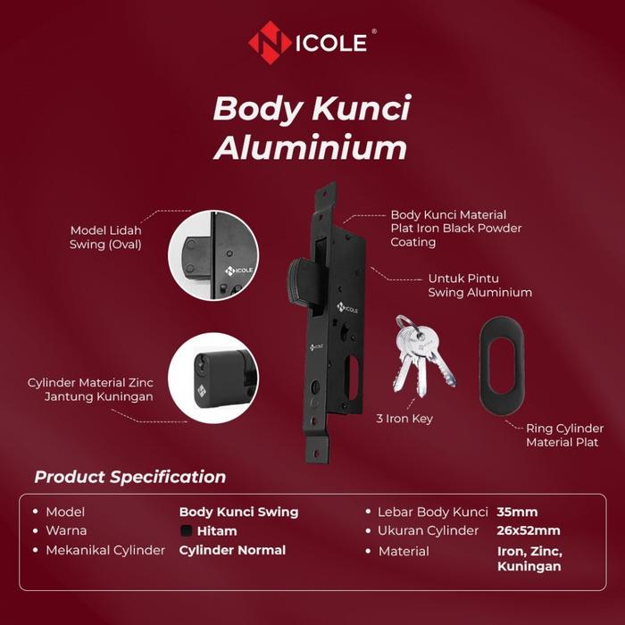 Nicole Body Kunci Pintu Sliding Aluminium Hitam / Pintu Geser Aluminium