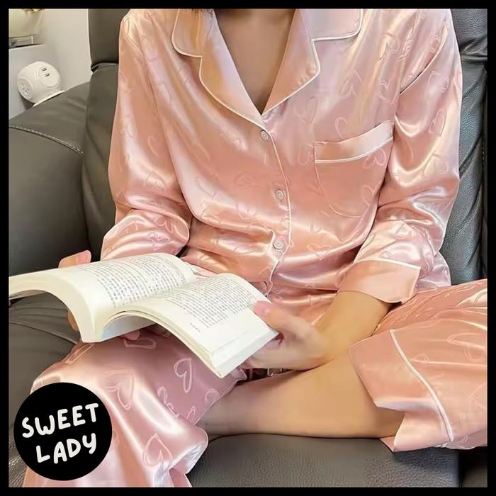 Baju Tidur Piyama Set Wanita Premium Ice Silk Motif Hati Lengan Celana Panjang BTW 10