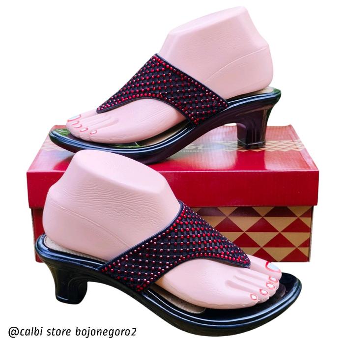 (( ORIGINAL )) Sendal Wanita Calbi Terbaru Model Jepit Permata Cantik Heels 5cm - Merah Sandal