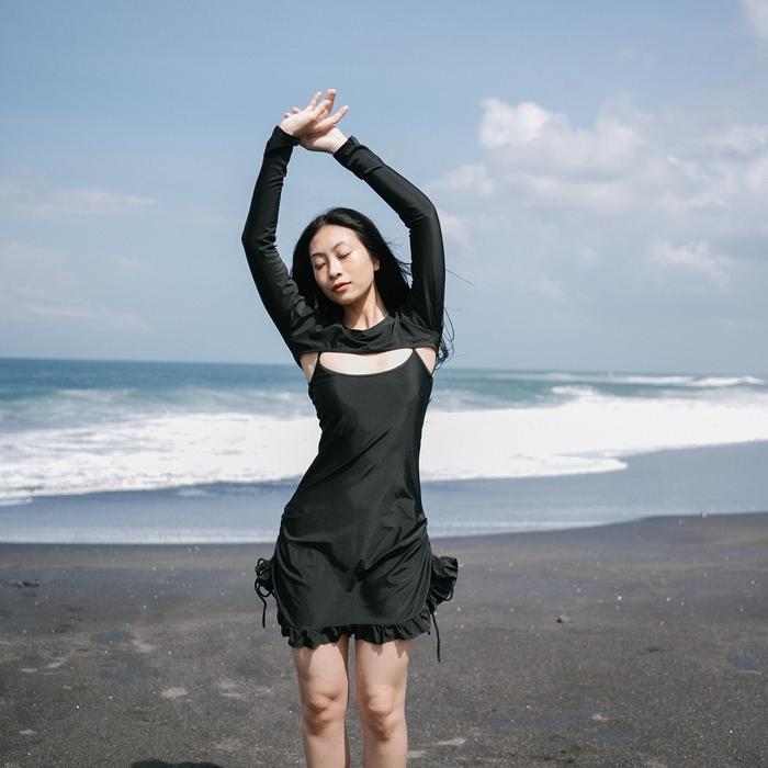 Nara Swimdress swimsuit rok swimwear baju renang bikini hitam lengan panjang dress bolero mini backl