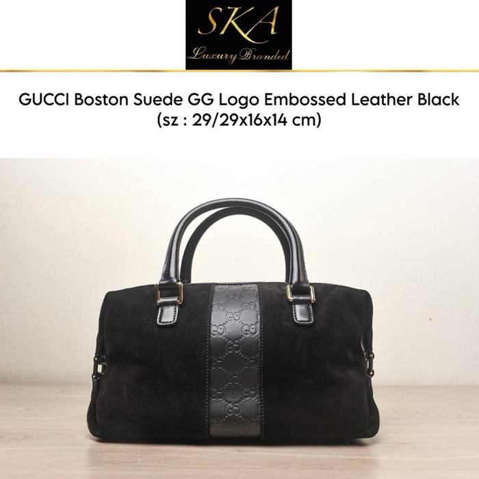 Gucci Bag Authentic Boston Suede GG Logo Embossed Leather Black