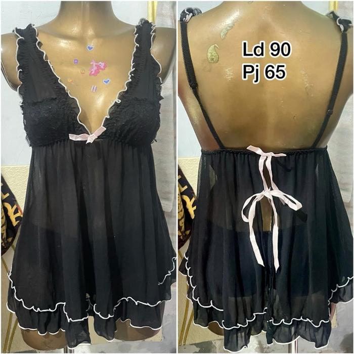 Linger Dress Hitam dengan Renda dan Tali Belakang Ukuran Ld 90 Pj 65