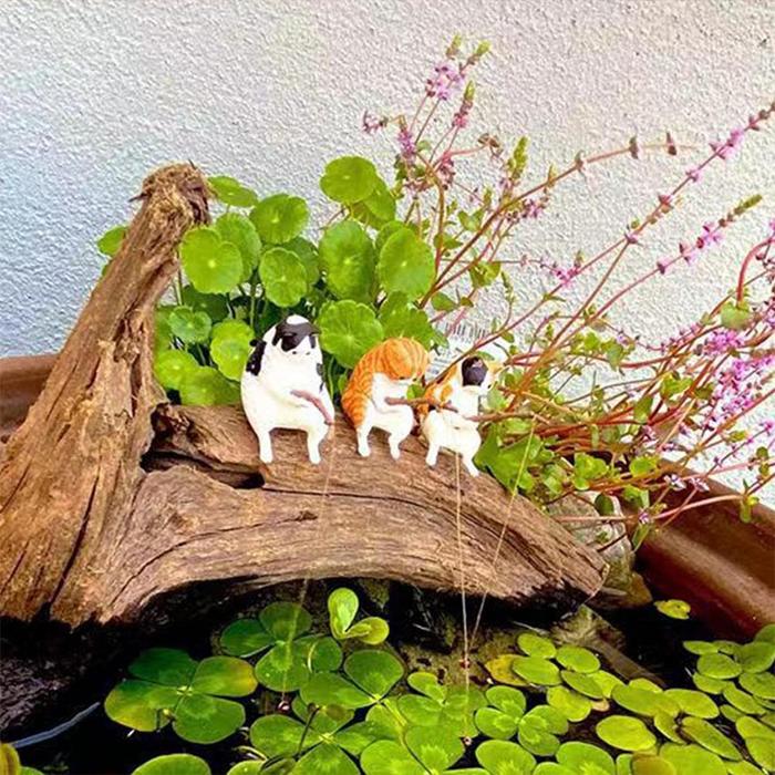 Miniatur Kucing Mancing hiasan Lansekap Ikan Bentuk Hidup Indah Kartun Memancing Kucing Ornamen Kuci