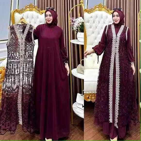 TSANIA DRESS GAMIS SET OUTER BRUKAT TERBARU 2025 CERUTY BABYDOLL MIX BRUKAT DAN RENDA GAMIS WARNA MA