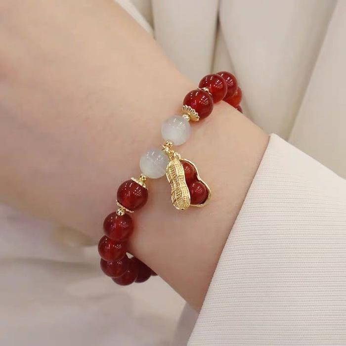 Terbatas MS# 106 - Gelang Giok Asli Batu Kacang Merah Titanium/Gelang Giok Kacang Wanita Berlapis Em