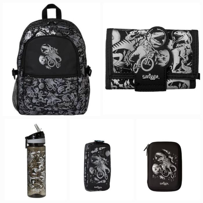 Smiggle Dino Silver Backpack, Botol, Dompet, Pocket Pc, Foldover/Kado