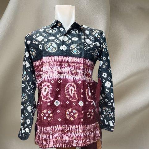 Kemeja Pria Jumputan Palembang Printing Hem Batik Cowok Dewasa  Kondangan Jumbo Dobby Burgundy Hijau