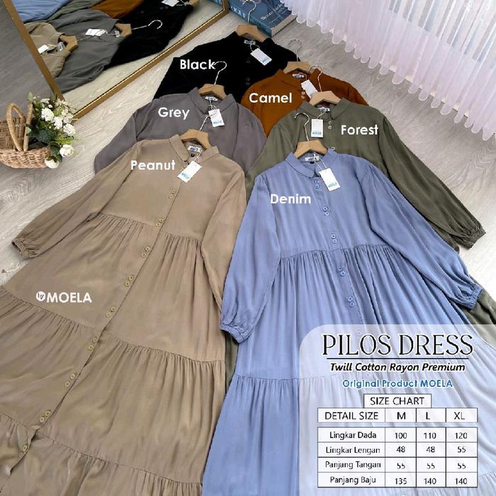 PILOS DRESS BY MOELA GAMIS POLOS  Casual Wanita Dress Baju Midi Gaun Rayon Dewasa Remaja Hitam Katun