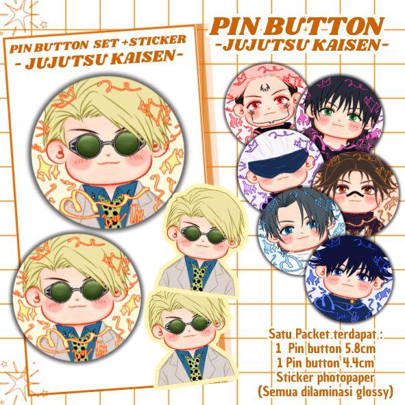 JUJUTSU KAISEN | PIN BUTTON ANIME SET JUJUTSU KAISEN JJK & STICKERS ANIME PIN PENITI 44 MM & 58MM DO
