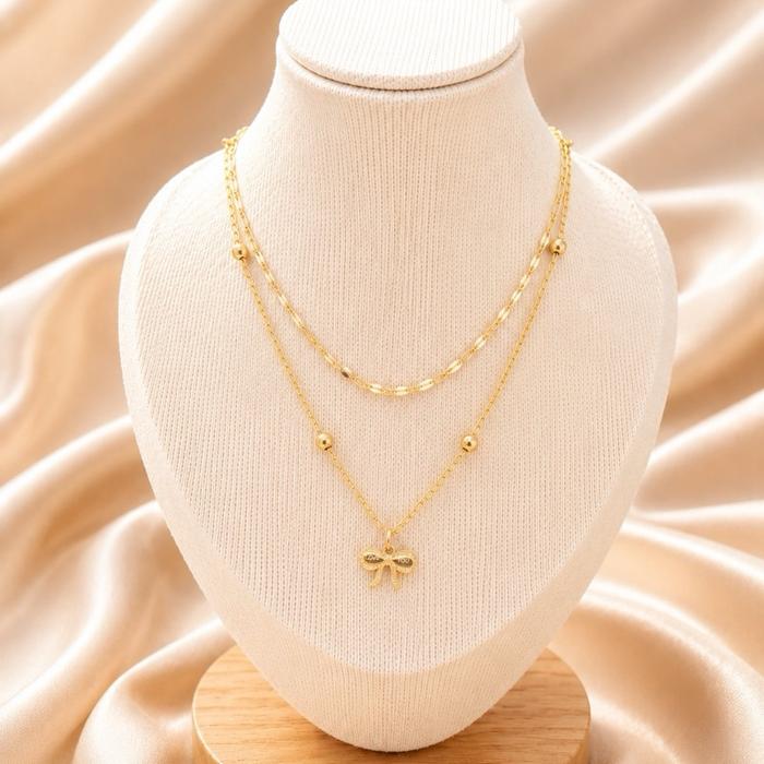 Kalung Wanita Aksesoris Fashion Korean Double Layer Terbaru Emas Asli Anti Karat Liontin Pita love y
