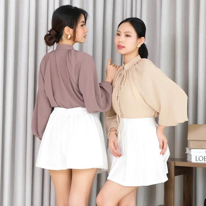 Farra Blouse Wanita Ceruty Feminin | Blouse Lengan Panjang Kerut Pita Elegant