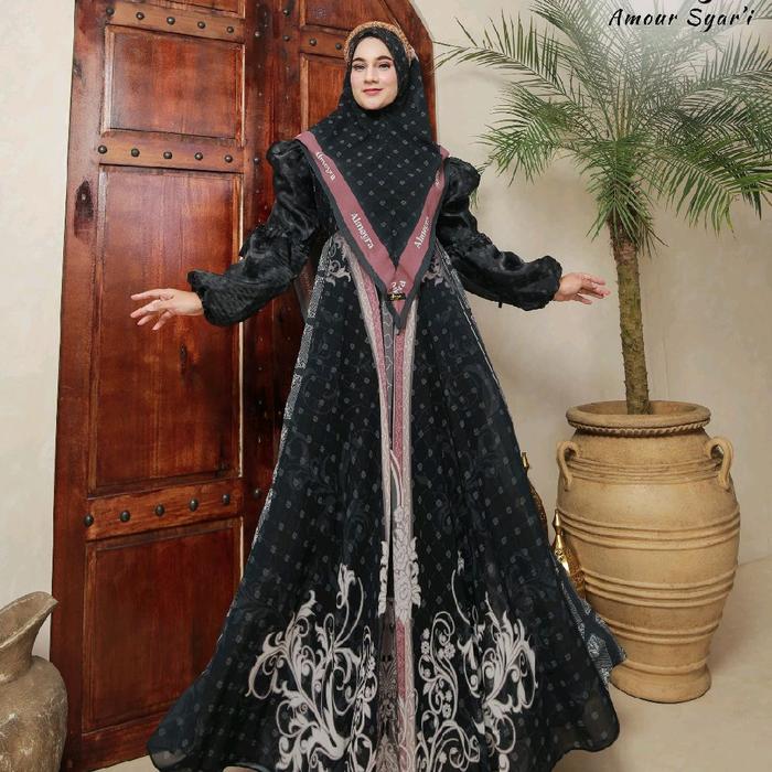 Amour Syar'i Gamis Dress Muslim Baju Wanita Dewasa Mewah Baju Pesta Printing Ceruty Syari Khimar