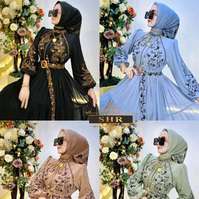 New Midi Dress Bordir Cruty Import Lebar Rok 5 Meter Shr Ory  Gamis Wanita Muslim Lebaran Mewah baju