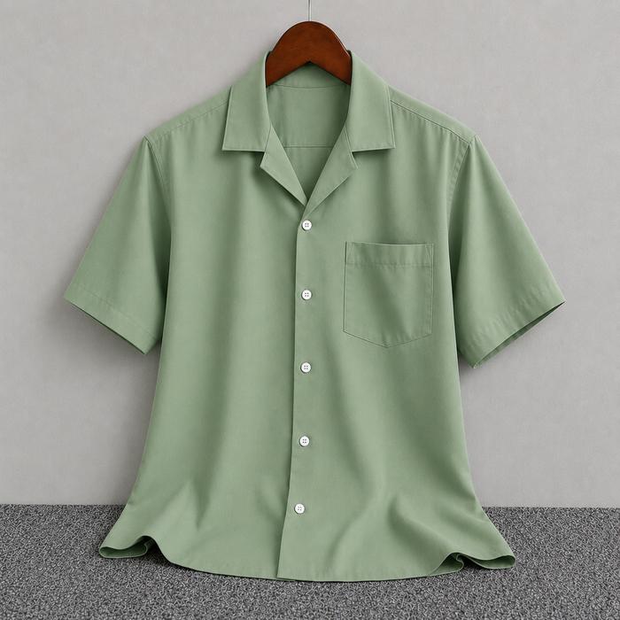 Kemeja Hawai Vintage Polos TOYOBO FODU Lengan Pendek Pria Wanita Hem Cowok V-neck Hijau Emerald Katu