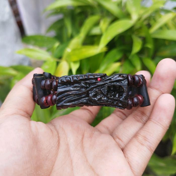 Gelang Akar Bahar Kombinasi Ukir Naga Model Tabung Elegan Kayu