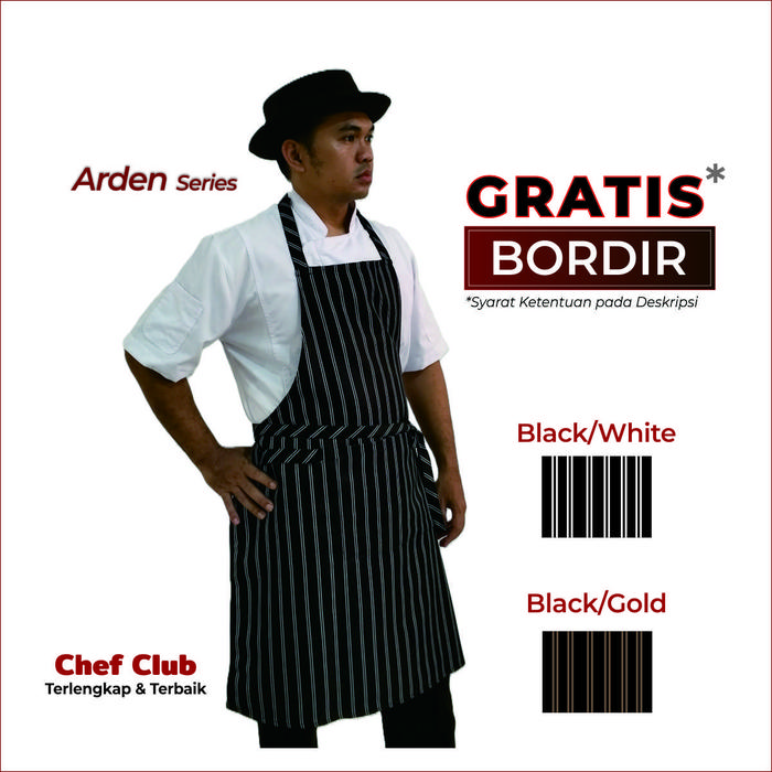 Apron Celemek seri Arden dari Chef Club Bib Apron Stripes Hitam Strip Garis Putih Hitam Strip Garis