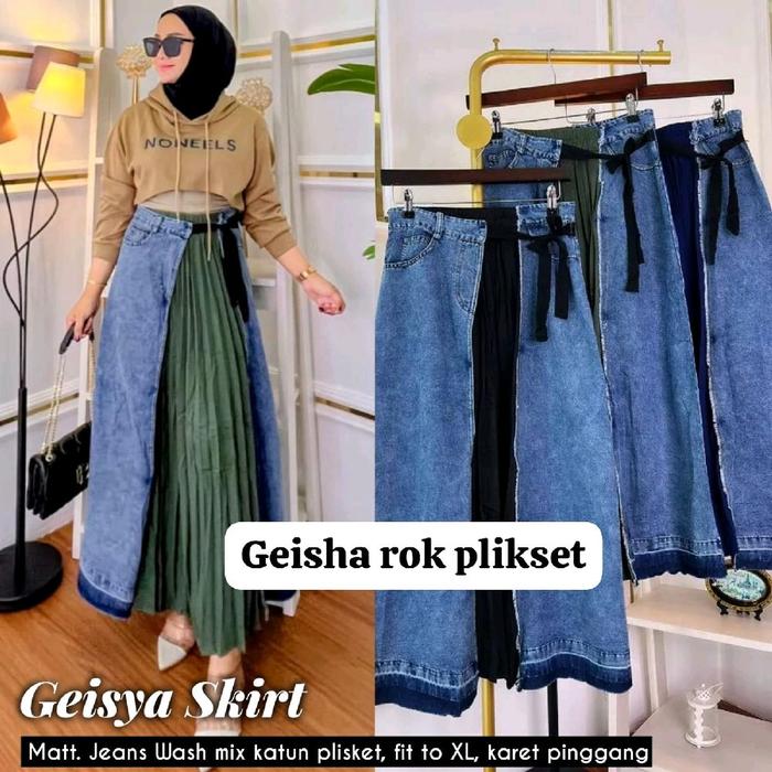geisha rok jeans mix plisket Dress wanita muslimah Gamis baju midi muslim gaun lebaran oneset hijab 