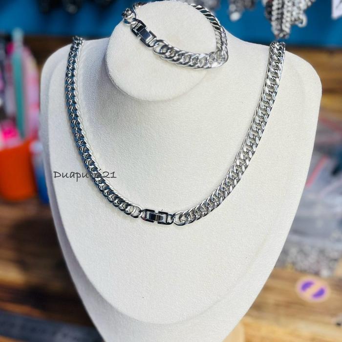 ￼SATU SET KALUNG DAN GELANG RANTAI TITANIUM JEPIT JAM 7MM PRIA DAN WANITA ANTIKARAT DAN ANTI PUDAR