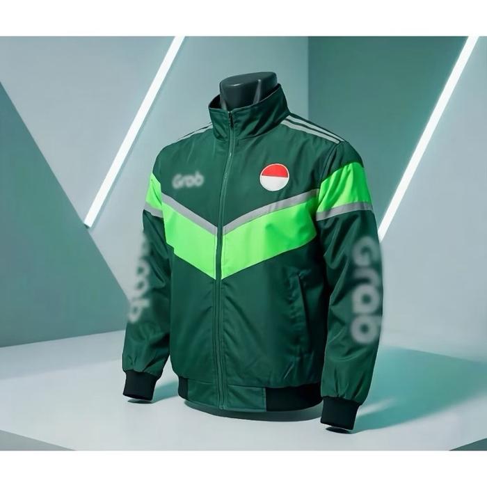 Jaket Grab Thailand Hijau dengan Logo Indonesia dan Desain Reflektif untuk Pengguna Jaket Reflektif 