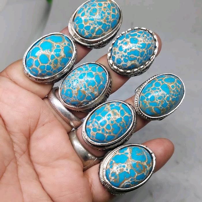 Cincin batu pirus mesir royal blue urat merah putih ceplok kuro jumbo jenong Biru Ring
