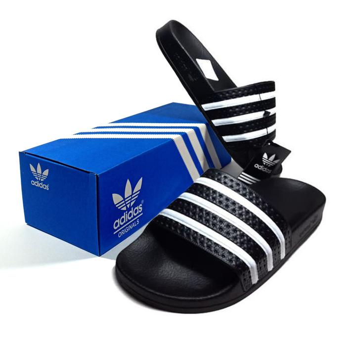 Sandal Selop Casual Sendal Adidas adilete pria wanita tipe slop slip on hitam garis putih Terbaru