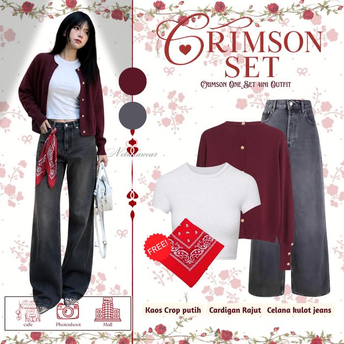 Crimson Outfit Kalcer (Kaos + Cardigan Wanita + Celana Jeans) Outfit Wanita Kekinian outfit wanita k